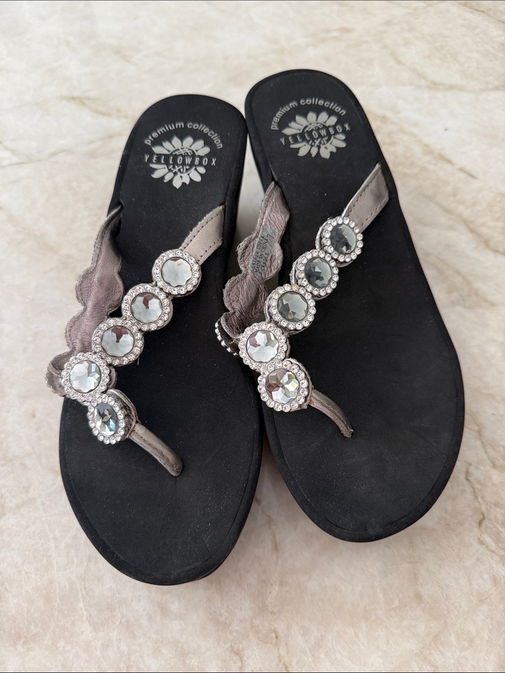 Yellow Box Black Sandals with Silver Rhinestone Accents
